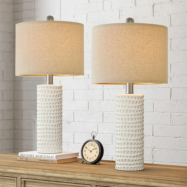 Beside Lamp Modern Ceramic Decorative Bedroom LED soft light white woven circular lampshade table lamp