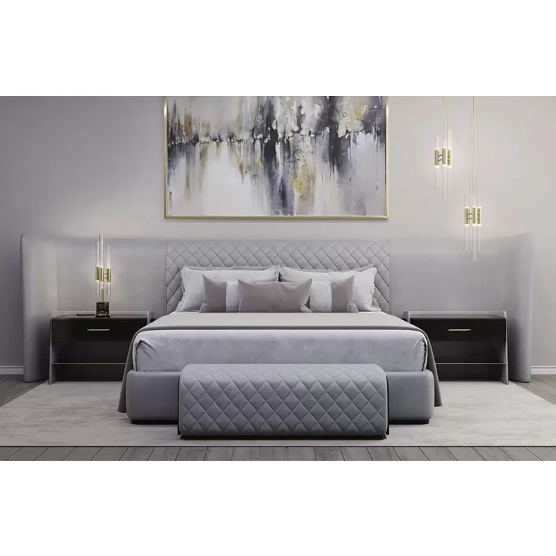 High end villa furnitures luxury velvet fabric large headboard bed set home super king size bed white bedroom furniture