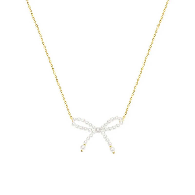 Titanium Steel 18K Real Gold Plated Clavicle Necklace Imitation Pearl Bowknot Pendant Necklace