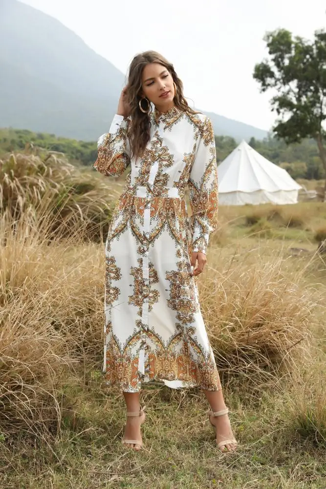 
New Bohemian Style Summer 2020 Court Printed Long Sleeve Shirt Dress Single-breasted Big Swing Long Maxi Dress Pakistan Fashion 