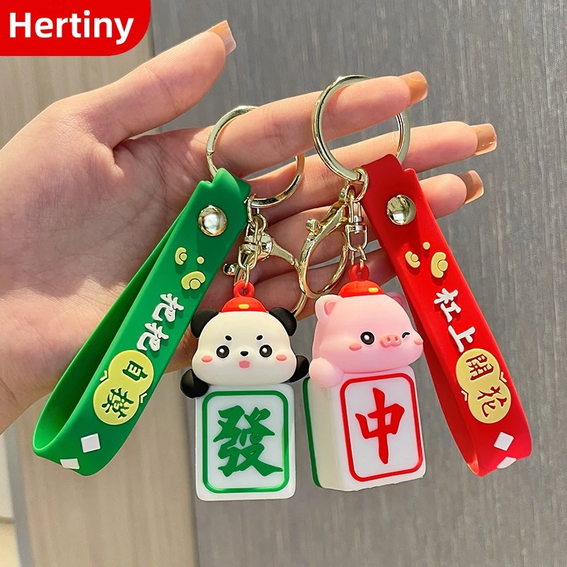 Creative Cartoon Square Mahjong Animal Panda Piglet Pendant Keychain Cartoon Silicone Keychain For Car Key Backpack