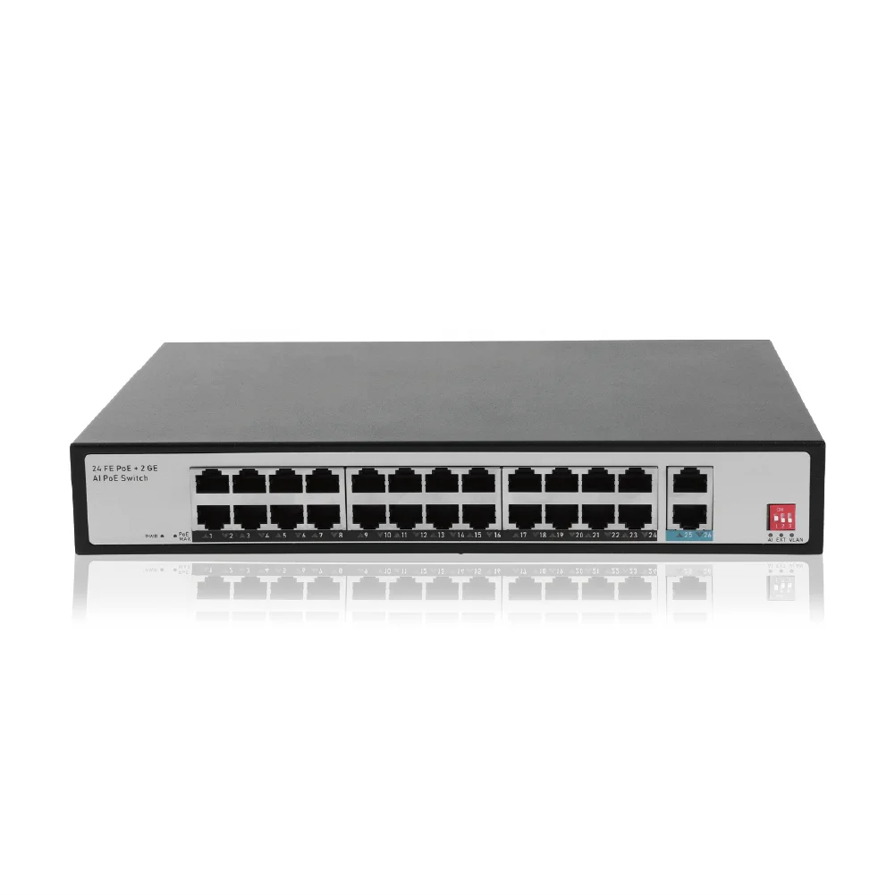 Factory direct 24 100Mbps +2 Gigabit Ethernet Switch 250m Distance Max 30W Output PoE Switch  IEEE802.3af/at 300W Power Supply