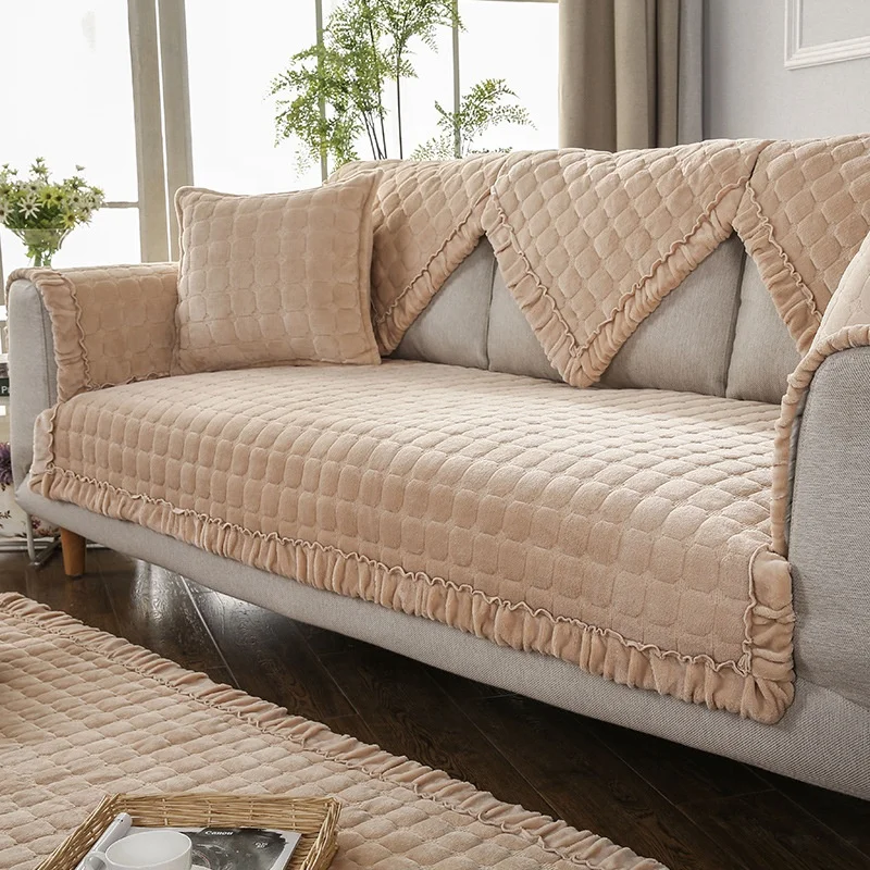 Hot Sale Good Quality Flannel Fur Embroidery Pattern 3 Seat Sofa Covers With Anti-slip