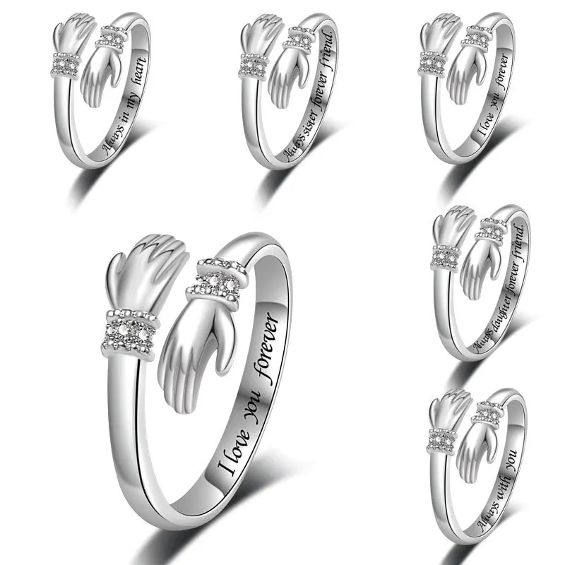 SPJ Wholesale Explosive Models 925 Sterling Silver Hypoallergenic Engrave Letter Both Hands Embrace Adjustable Finger Ring Women