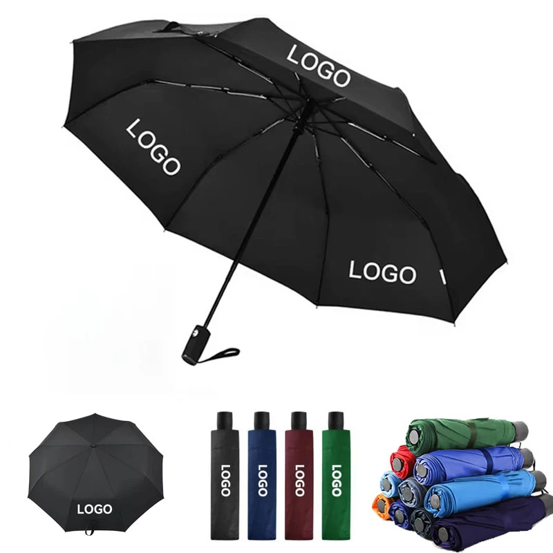 Promotional full automatic open custom 3 fold polyester pongee travel windproof folding umbrella for gift with logo vintage