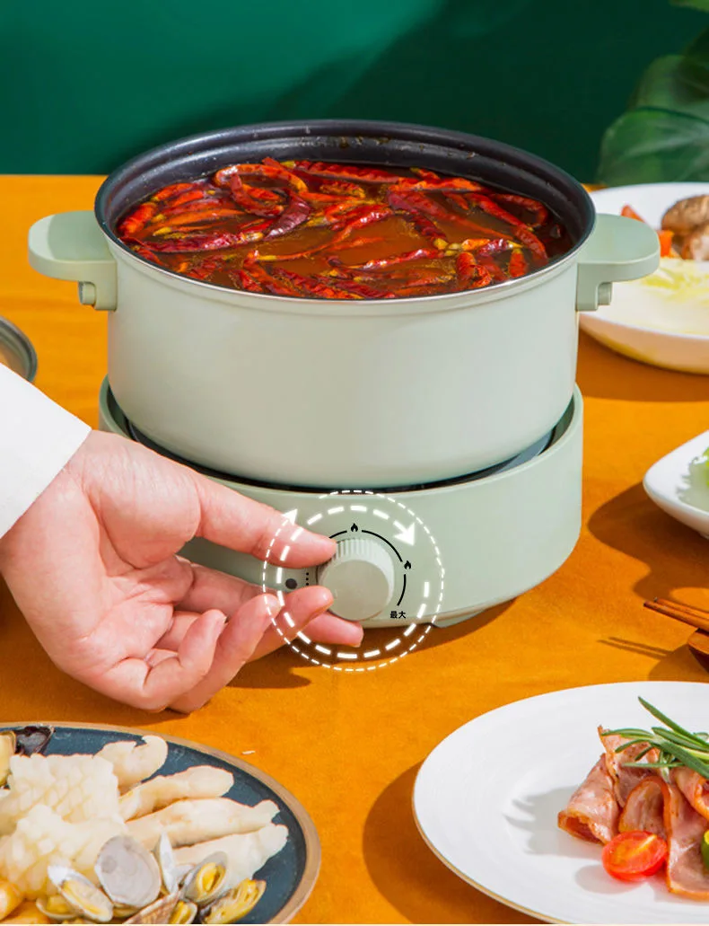 Green Office Outdoor Multi-function Noodles Electric Skillet Cooking Mini Hot Pot With Glass Cover With Steamed