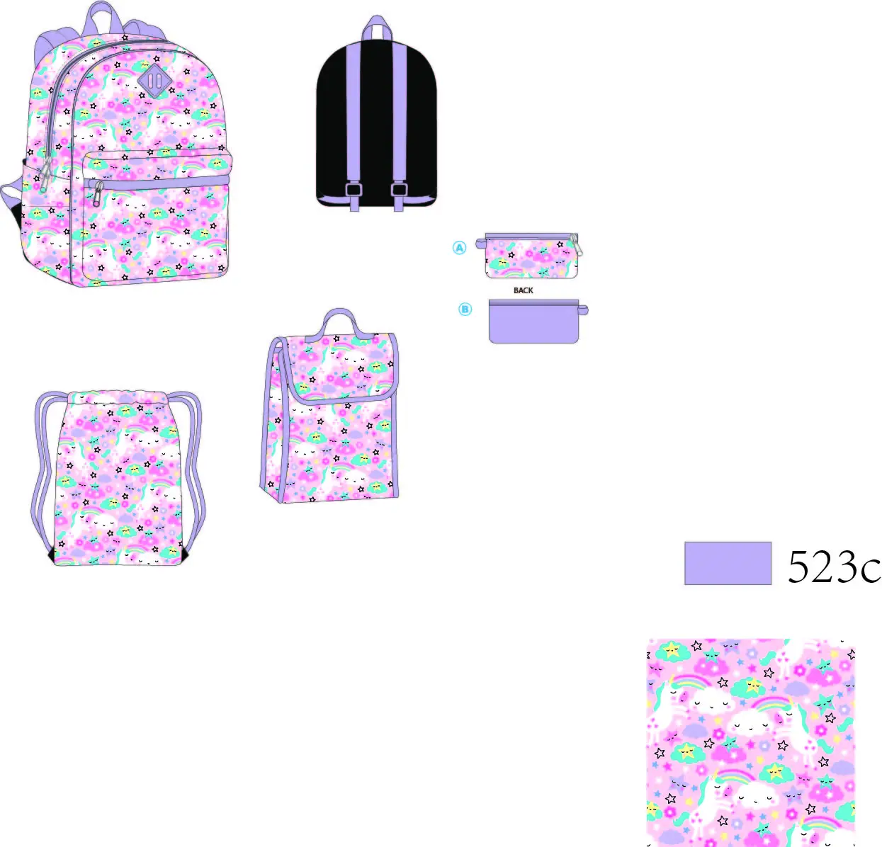 Custom High quality 5 in 1 sets kids back to school unicorn bag sets with lunch bag pencil case set bags 5 pieces