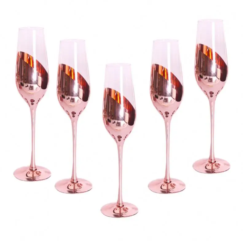 SNW Elegant Crystal Custom Electroplated Rose Gold Flute Glasses Champagne Stemmed Wine Tasting Glasses