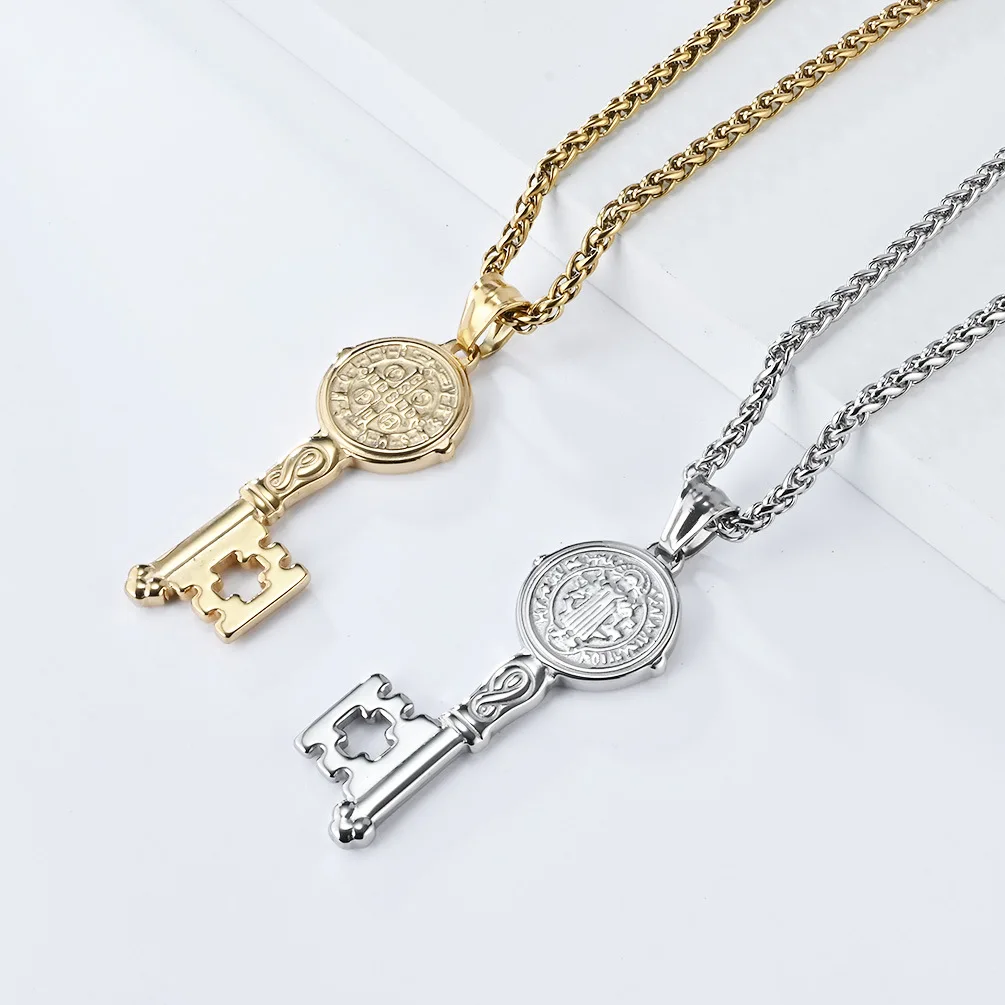 Christian Saint Benedict Key Design Pendants Necklace Stainless Steel Chain Fashion Jewelry Religious Necklace For Men Women
