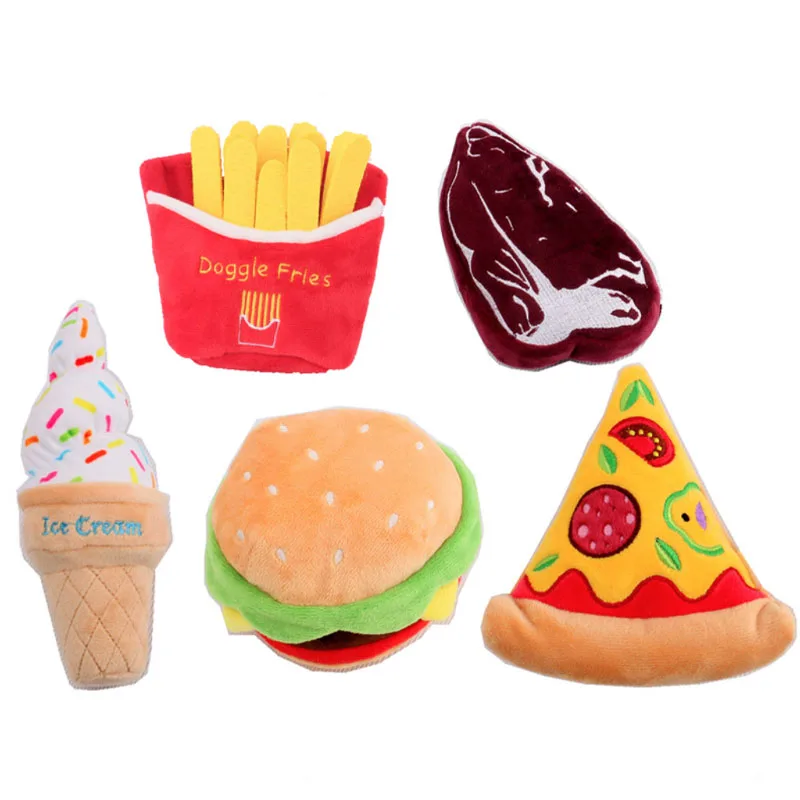 Cute Pizza Hamburger Steak Ice Cream Chips Pet Plush Squeeze Toy Cute Design Plush Dog Toy