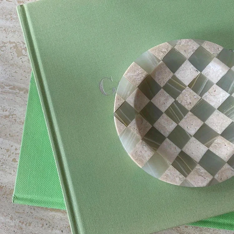 stonekocc D12CM Vintage Checkered Mosaic Green Onyx with Travertine Marble Catchall Small Item Storage Organization Serving Tray