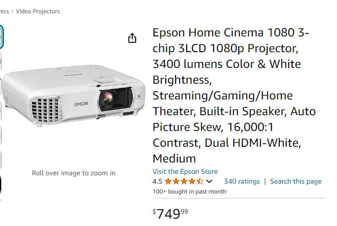 Product Details Epsons Home Cinema 1080 3-chip 3LCD 1080p Projector, 3400 Lumens Color & White Brightness, Streaming/Gam