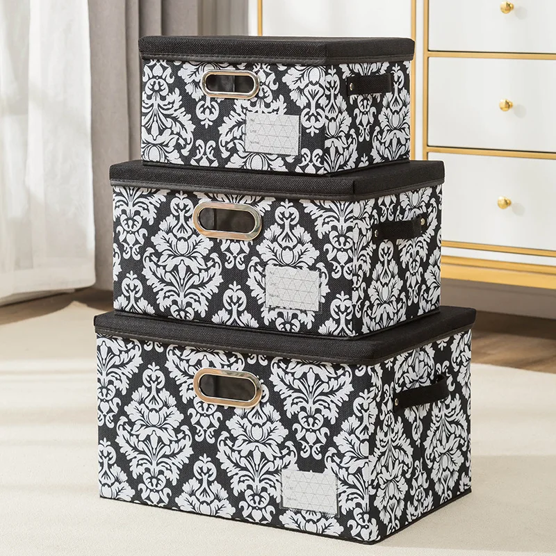 Multi-Size Washable Printed Fabric Foldable Storage Bins Box Folding Cloth Organizer Collapsible Storage Box with Cover