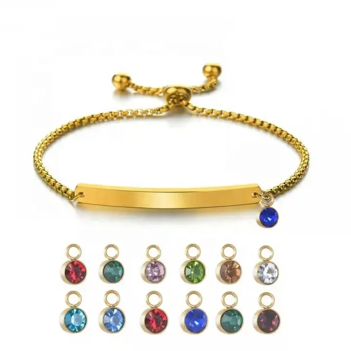 Fashion Stainless Steel Adjustable Chain Customized Engraved Letter Bar Women Men Adult Kids Birth Stone Bracelet wholesale