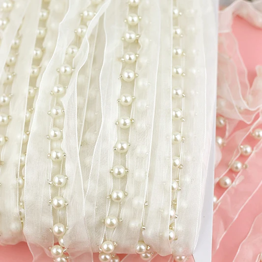 8mm white color pearls 4cm organza lace trims garment clothing dress home textile accessories