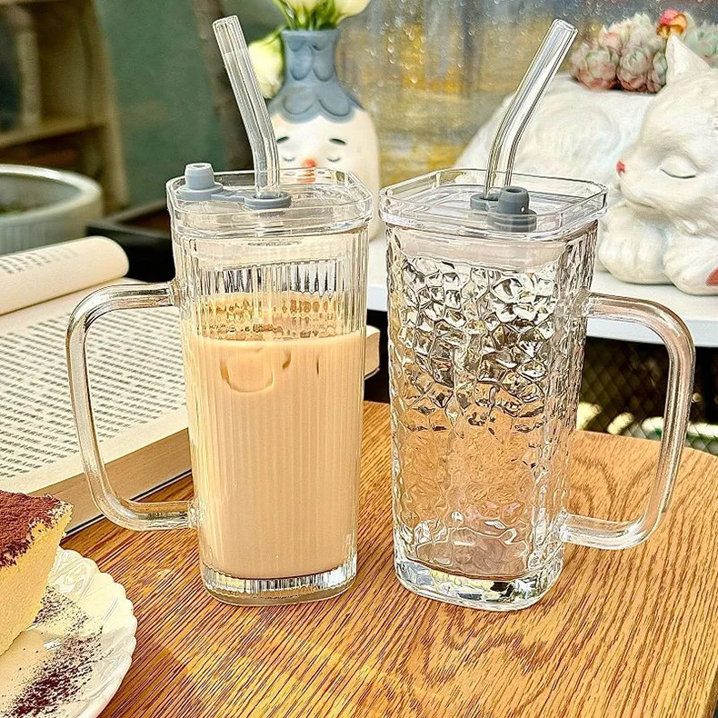 Seaygift 250ml clear vertical ribbed stripe square glass coffee tumbler mug juice milk tea cups with handle straw and lid