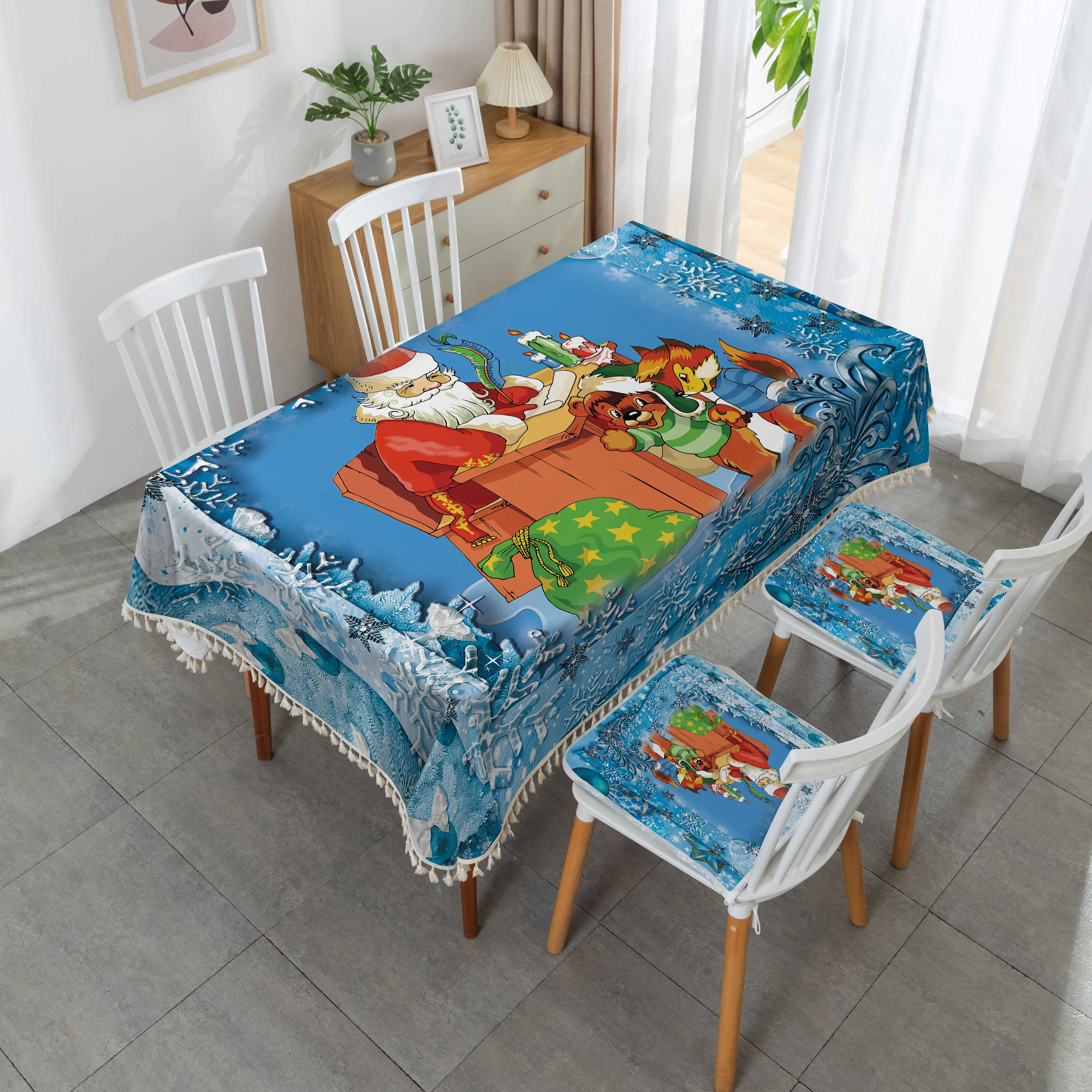 Wholesale Polyester Waterproof Printing Custom Christmas Customized Square with Tassel Cotton Linen Tablecloths Table Cover 