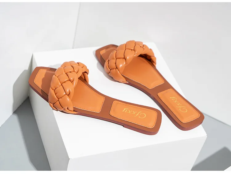 Trish Lucia Womens Square Open Toe Flat Sandals Slip On Mule Slides Braided Strap Slipper