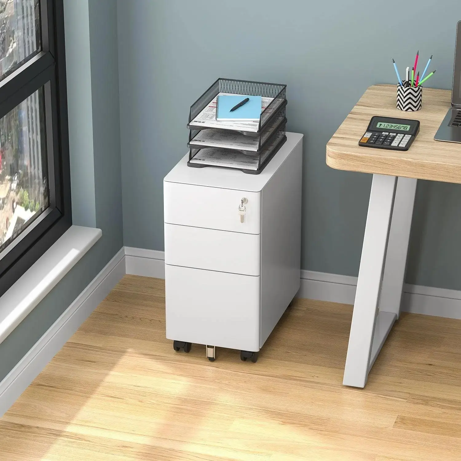 Metal Mobile 300mm Width Slim File Cabinet Storage 3 Drawers Office Furniture Pedestal Modern Steel Rolling Mobile Cabinet