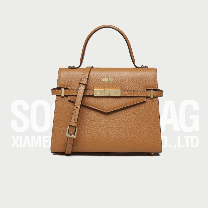 Soochic Dress Luxury Leather Handbag Brown Casual Medium Flap Shoulder Bag trendy Customized Lock Design Women Clutch Tote Bag