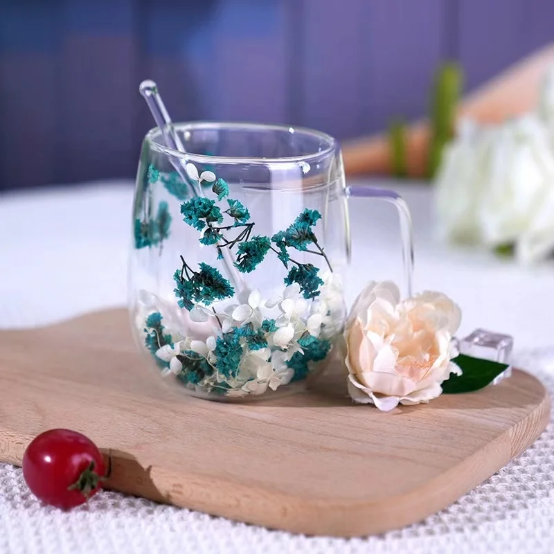 Double-Walled Insulated 350ml Glass Coffee Mug with Floral Handle Demitasse Clear Cups Cappuccino Coffee Tea Milk Latte Juice