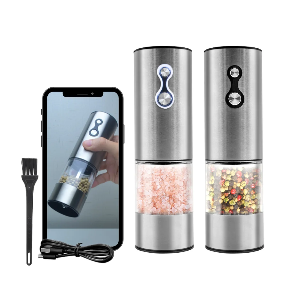 2 Button Stainless Steel Electric Salt And Pepper Grinder Set Pepper Mill Actoumatic  Electric Spice Grinder With Led