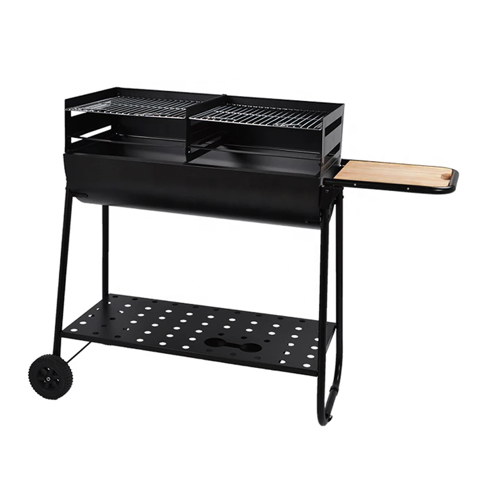 Dual Charcoal Grill Garden Patio Outdoor Bbq Grill Black Steel Barrel Shaped Barbecue Charcoal Grill With Foldable Side Table