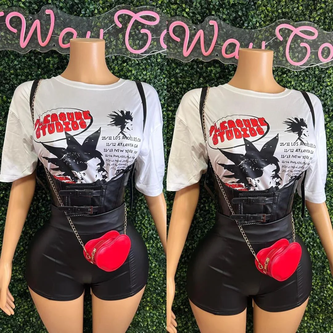 Peeqi Hot Trendy Punk Style Cotton T-shirt and Pu waistband waist belt and Pu Shorts Cool Party Club Wear 3 piece set Women