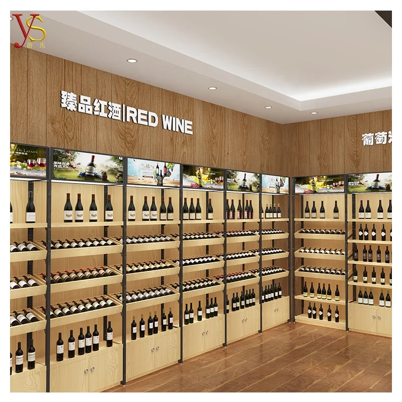 YSshelves custom wooden whisky bottle shelves with shop counter display rack for liquor store wine shelves