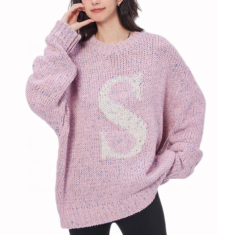 Winter Oversized Knit Sweater Pullover Crew Neck Drop Shoulder Jacquard Knitted Pullover Womens Sweaters