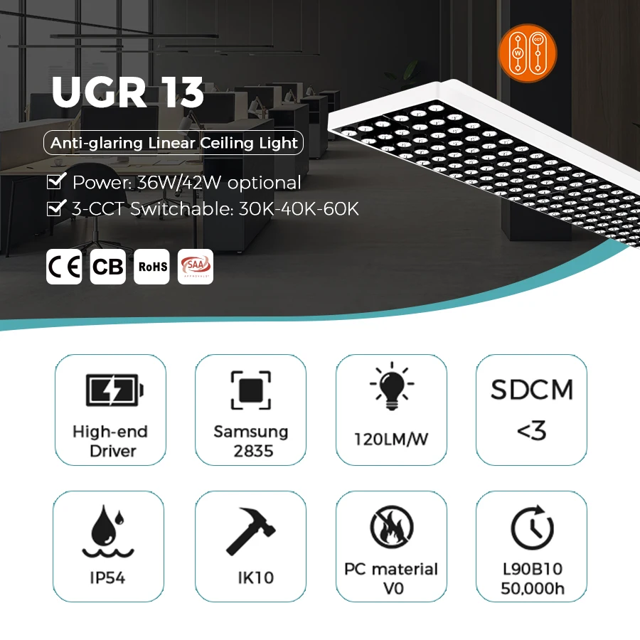 Commercial UGR13 3CCT Selectable LED Ceiling Light Fixture Black White Color 36w 42w Linear Panel Lights
