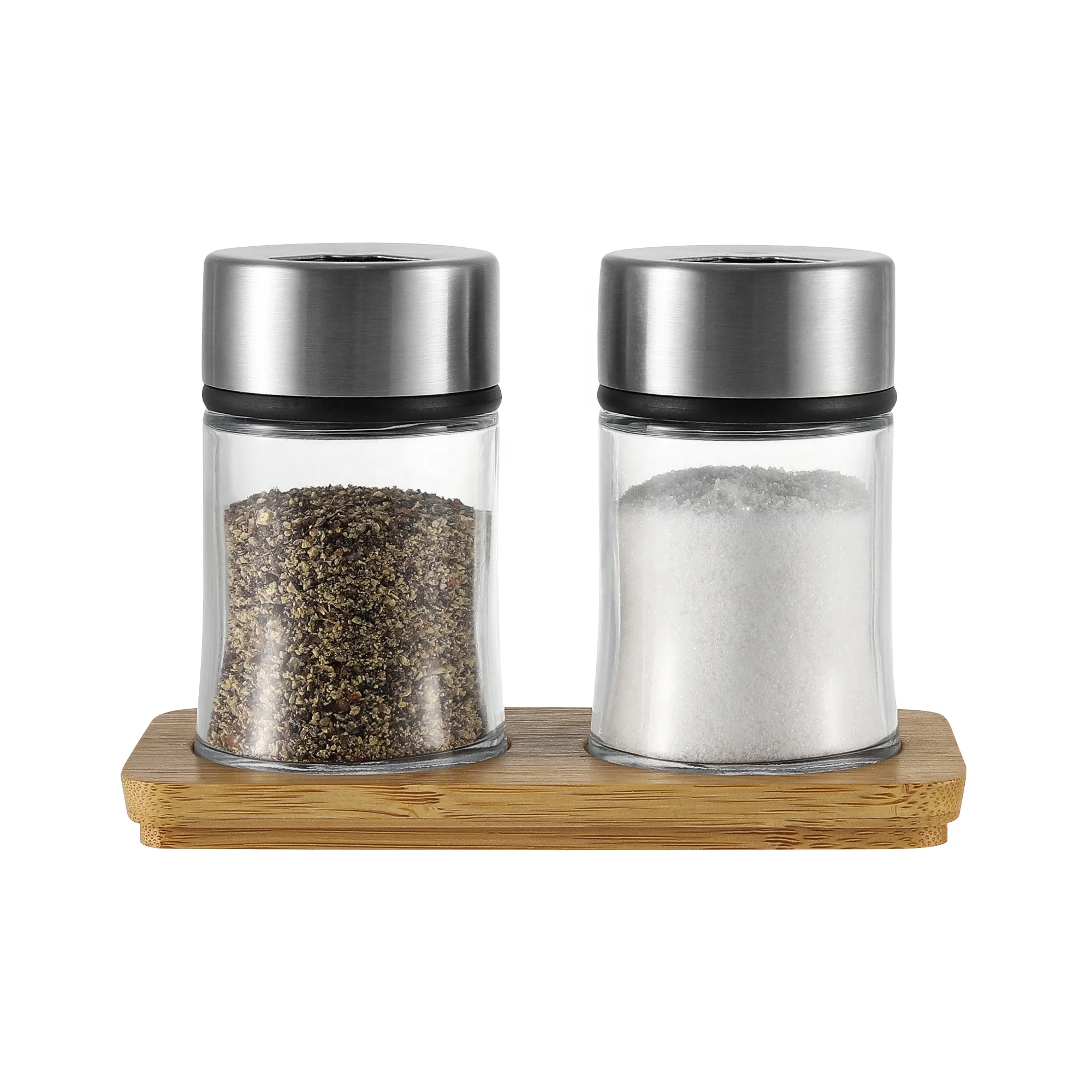 Set of 2 Salt and Pepper Shakers Stainless Steel Glass With Lids for Storing Spices and Spices and Seasonings with bamboo base