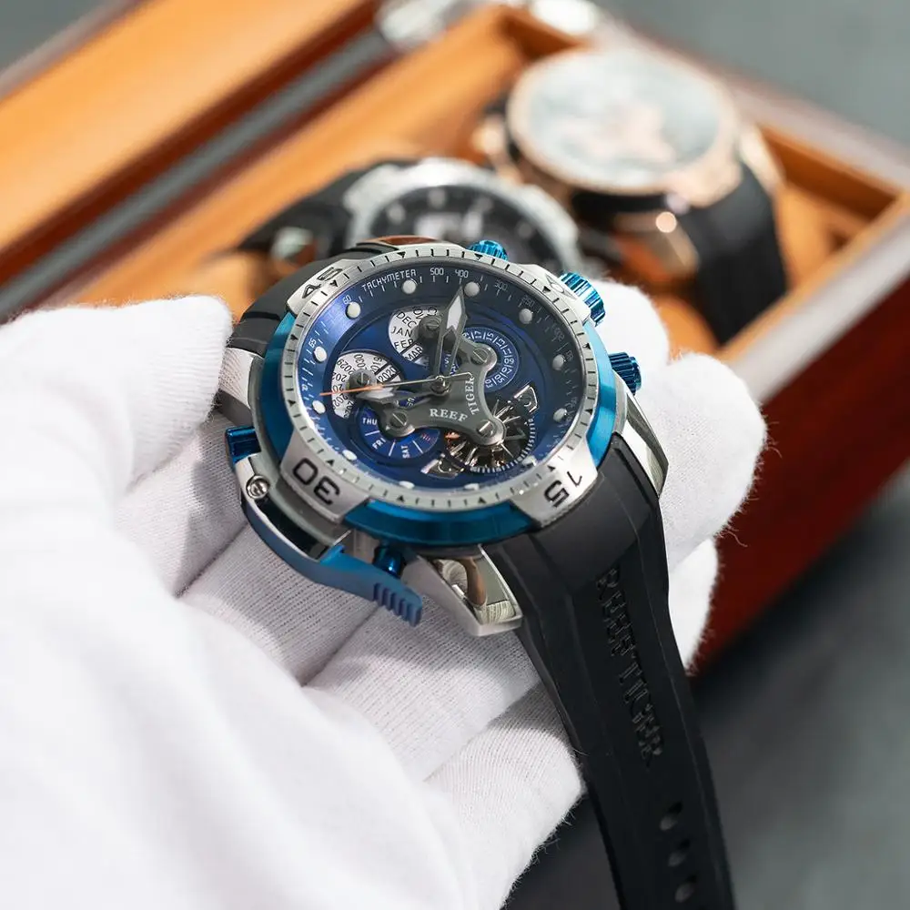 Reef Tiger RGA3503 2024 Watch Rubber Automatic Calendar Date Day Complicated Black Dial Mechanical Bracelet tiger reef watches