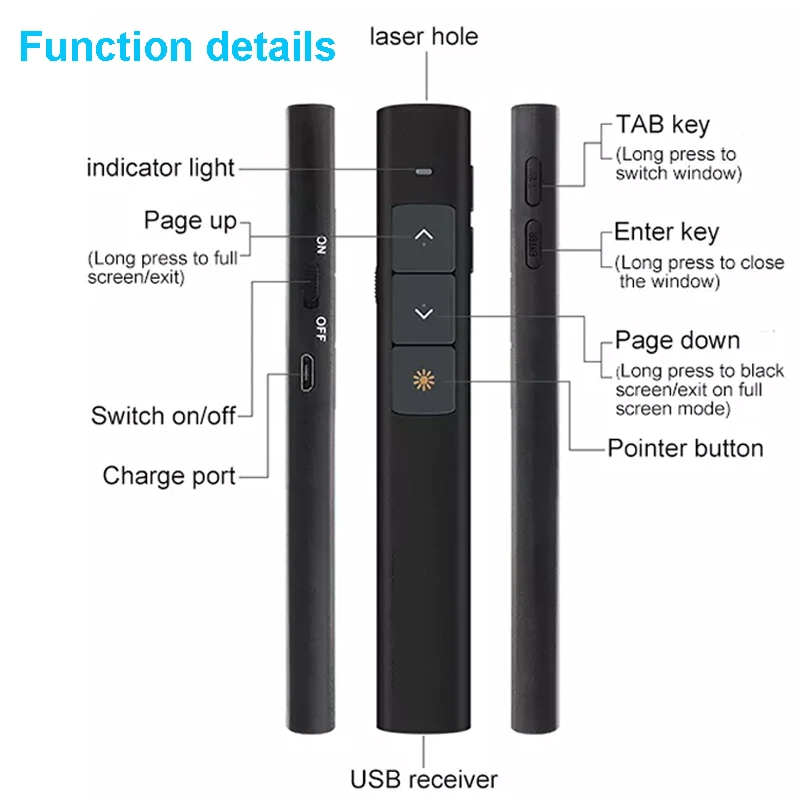 USB Wireless Presenter with Laser Green Light Pointer PPT Remote Control Pointer Pen for PPT Powerpoint Presentation Presenter