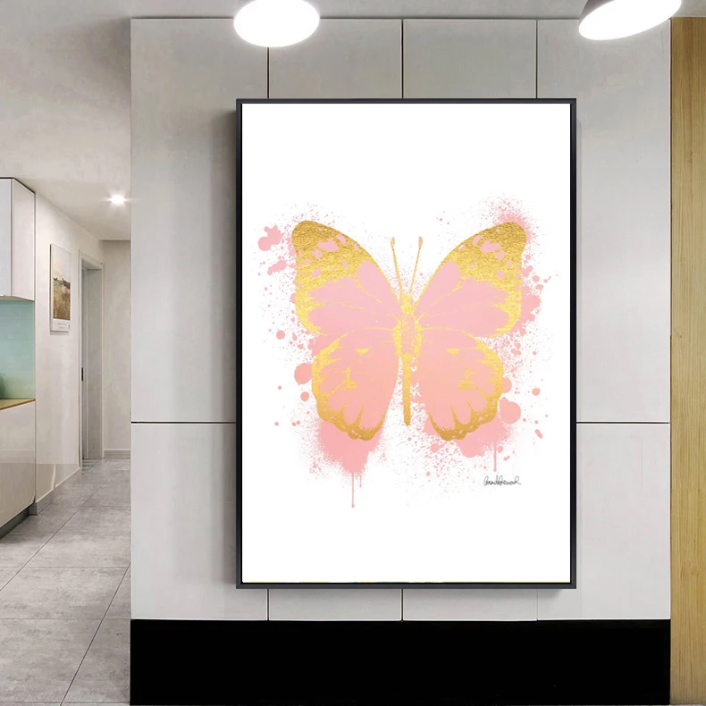 Modern Contemporary Wall Art Abstract Oil Decorative Painting Foil Beautiful Butterfly Red Purple Color Golden Canvas Animal