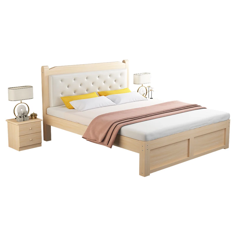 Modern Simple Bold Thick Single Bed Household Master Bedroom Wooden Double Bed Economical Soft Back Solid Wood Bed