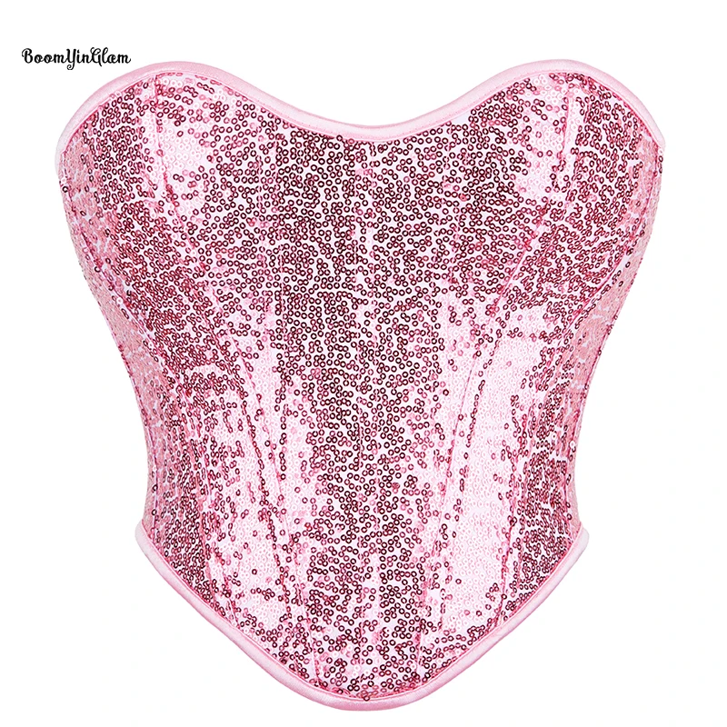 15 Glue Boned Lace Up Gothic Dress Top Korsett & Gorset Pink Vintage Bustier Sparked Sequined Corset Crop For Womens