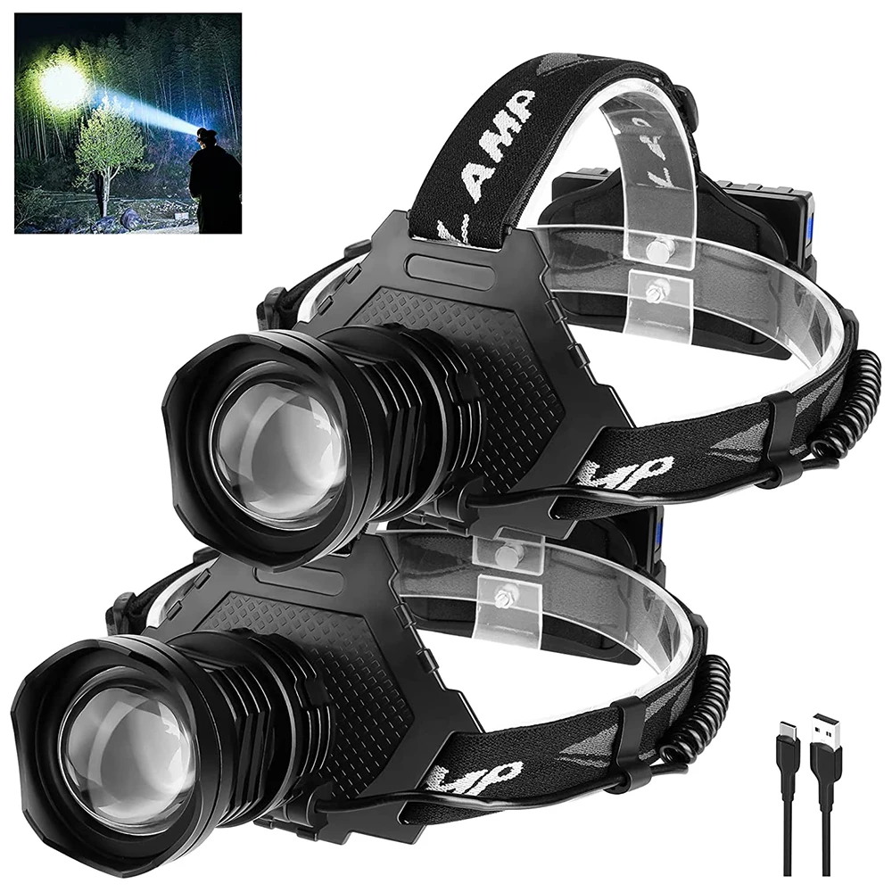 2 Pack Led Rechargeable Headlamp, 100000 Lumens Head Lamps Outdoor Led Rechargeable, Bright Headlamps for Adults with 5 Modes