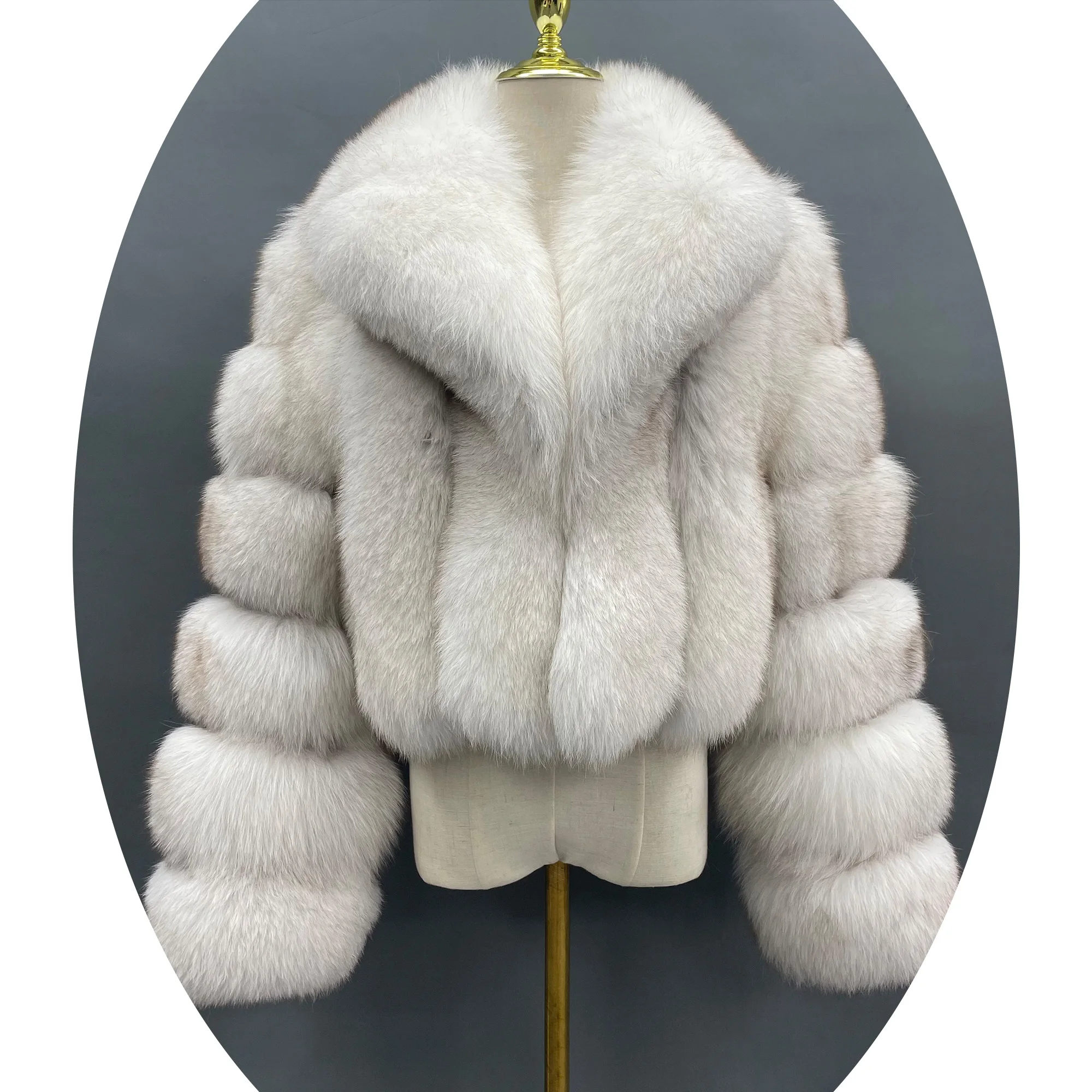 Custom Wholesale Turn Down Big Fur Collar Coat Women Short Classic Red White Colorful Full Sleeve Real Fox Fur Coat