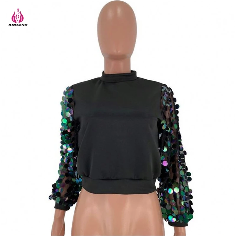 
KG3575 Newest Design Solid Color Round Neck Sequins Sleeve Latest Design 2021 Women Blouse And Shirt 