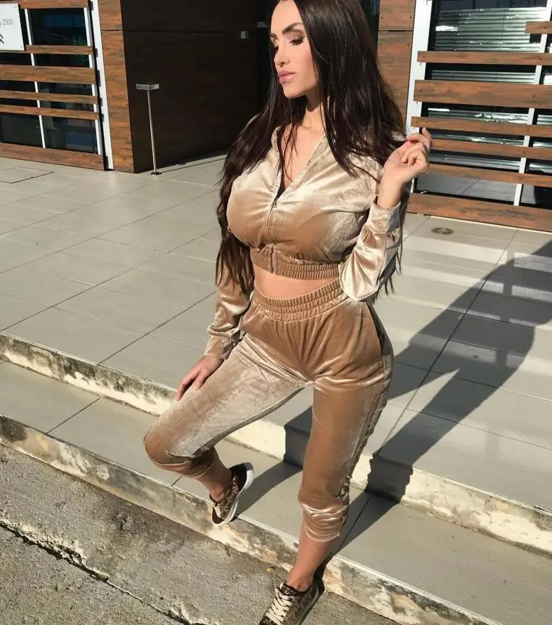 
Women 2Pcs Velvet Zipped Tracksuit Velour Lounge Wear Sweatshirt Pant Jogger Set tracksuit set women 