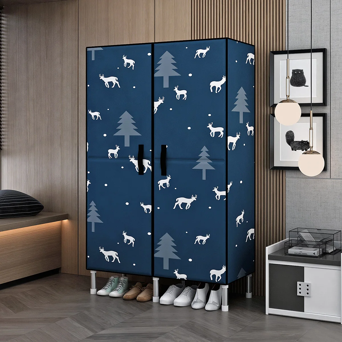 portable wardrobe with KT board DIY 25mm steel frame Fabric wardrobe portable Closet with 2 door space saving storage cabinet