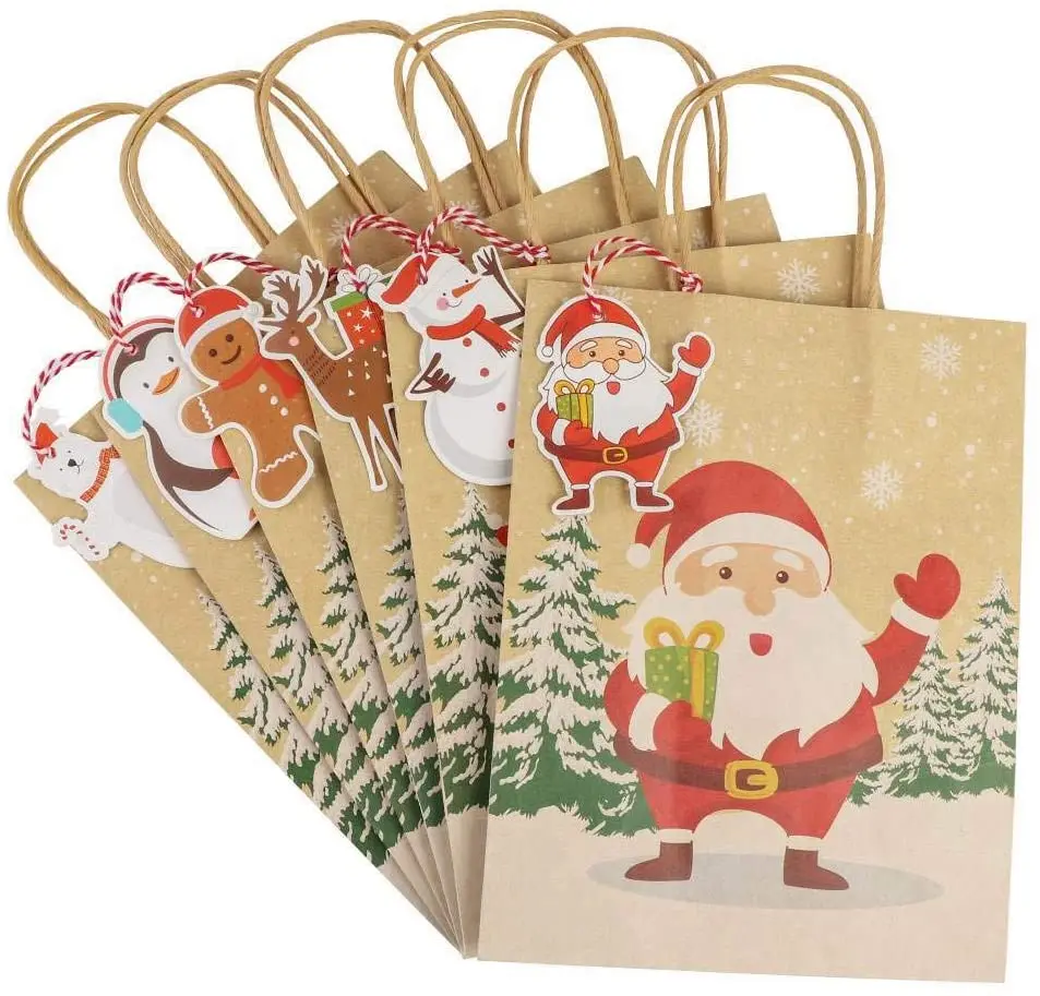 Party Supplies Foldable Reusable Grocery Bags Assorted Kraft Paper Gift Bags With Handles Tags, Christmas Gift Bags In Bulk