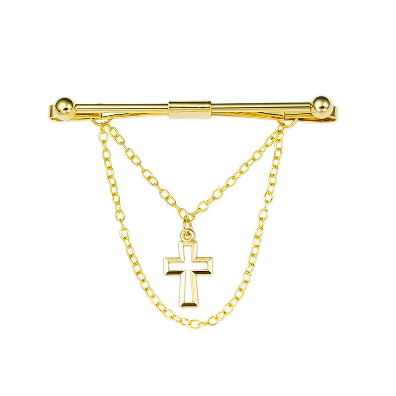 new design metal collar shirt bar tie pin with cross double tassel chain