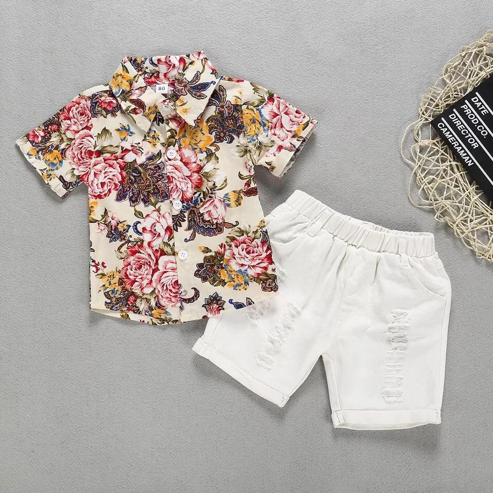 
2020 summer kid boys clothes Flower Shirts+ Denim shorts 2pcs baby boys Gentleman Suit kid clothes set 