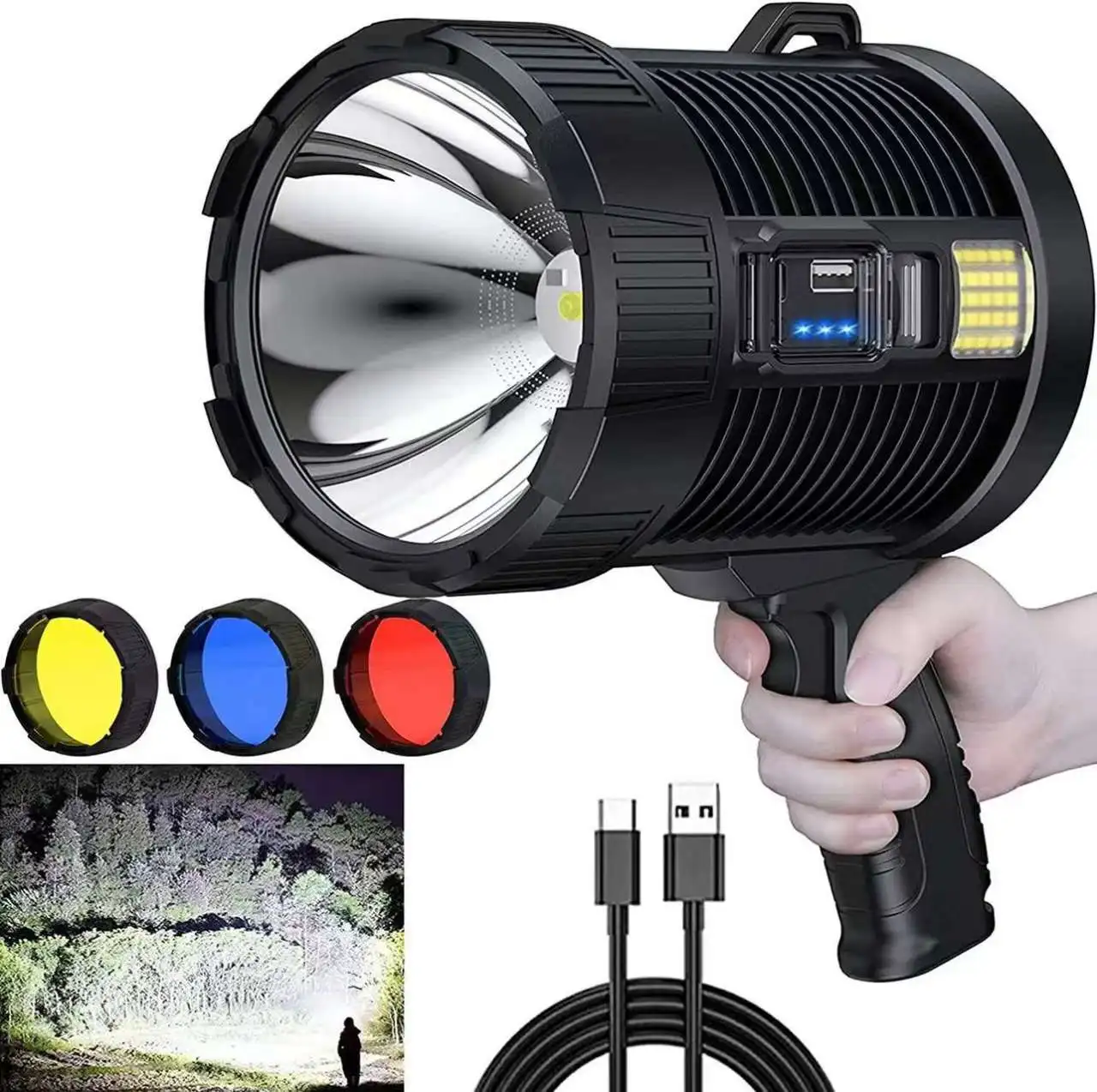 USB Rechargeable High Power Outdoor Portable Emergency Long Rang Searchlight Solar Charging Waterproof LED Spotlight Flashlight