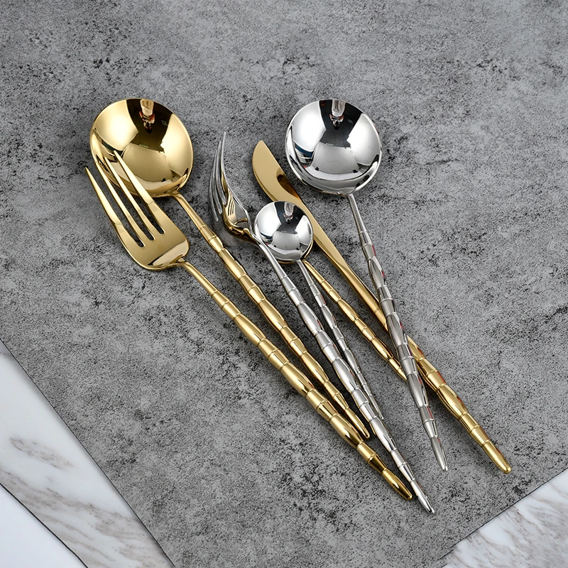 
New Arrival Bamboo joint Restaurant cheap Gold silver flatware set dinner spoons forks and knife stainless steel cutlery 