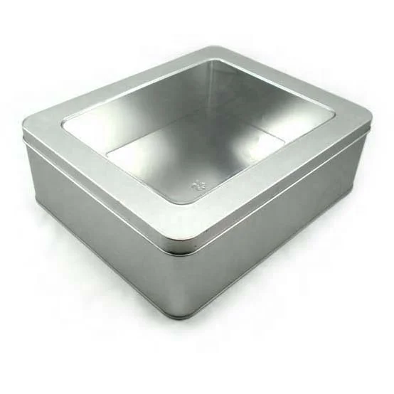 Food grade candy cookie packaging metal pvc round tin cans clear lid rectangle tea tin box with window