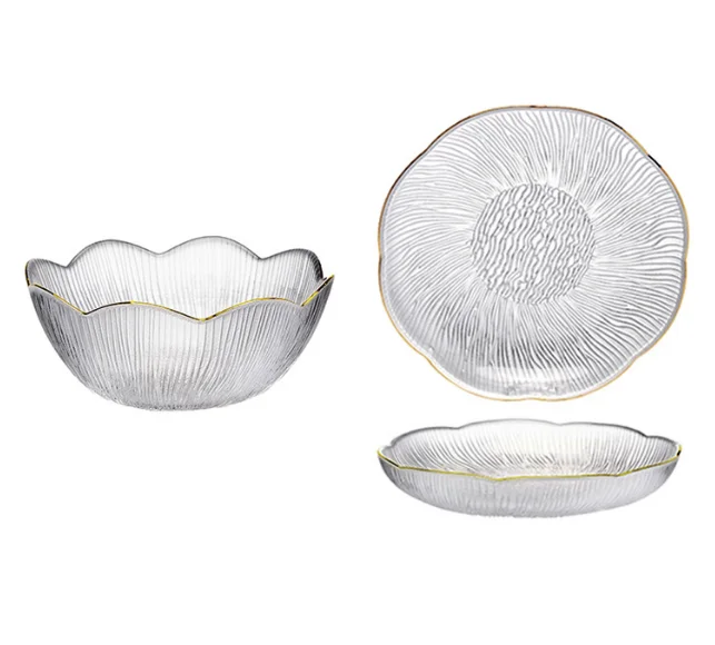 Modern simple glass bowl household bowl full set of wholesale living room fruit plate glacial pattern dessert vegetable salad bo