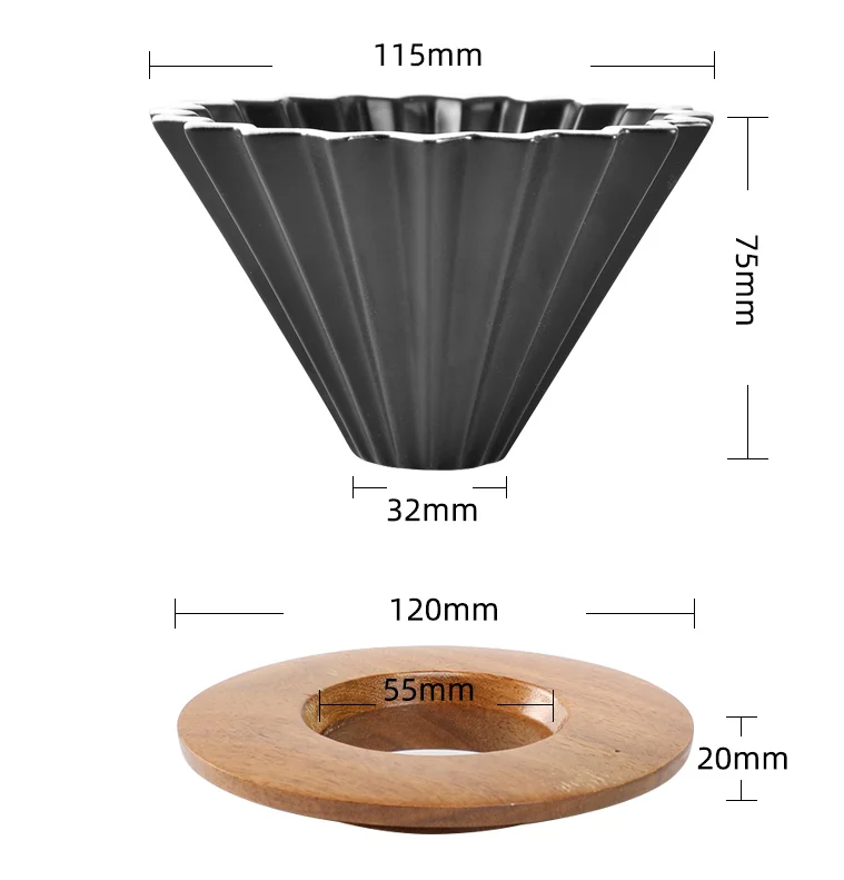 black color Japanese style Ceramic Dripper Pour Over Coffee Filter Cup with wood base